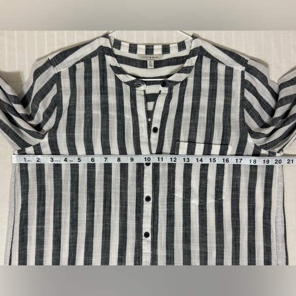 Lucky Brand Striped Tunic Mandarin Collar Top Henley Roll Tab Sleeves Medium - Picture 7 of 9